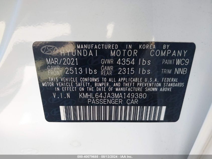 2021 Hyundai Sonata Sel VIN: KMHL64JA3MA149380 Lot: 40079685