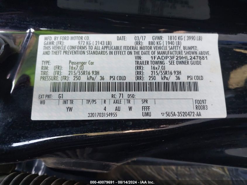 2017 FORD FOCUS SE - 1FADP3F29HL247881