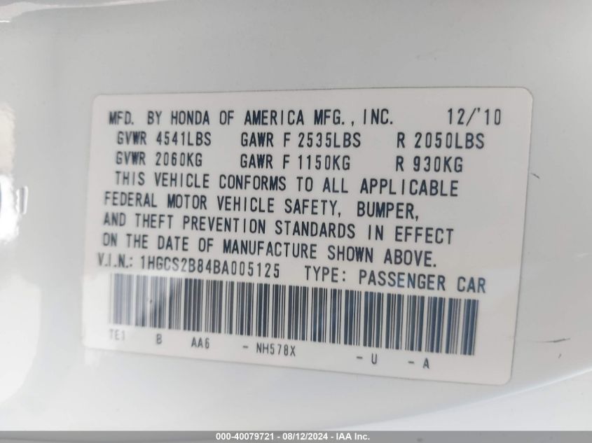 2011 Honda Accord 3.5 Ex-L VIN: 1HGCS2B84BA005125 Lot: 40079721