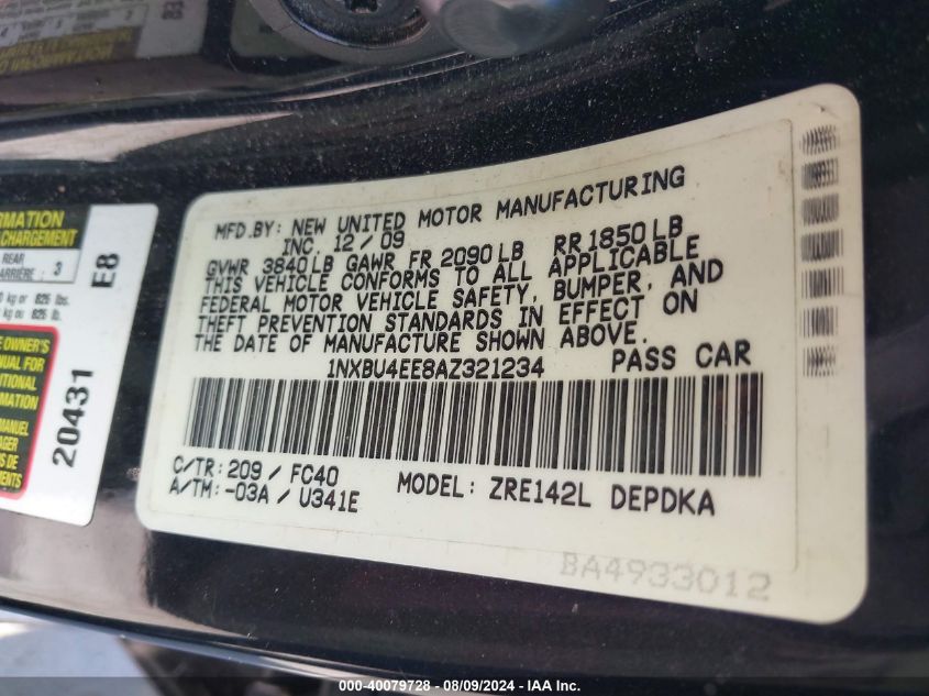 2010 Toyota Corolla Le VIN: 1NXBU4EE8AZ321234 Lot: 40079728