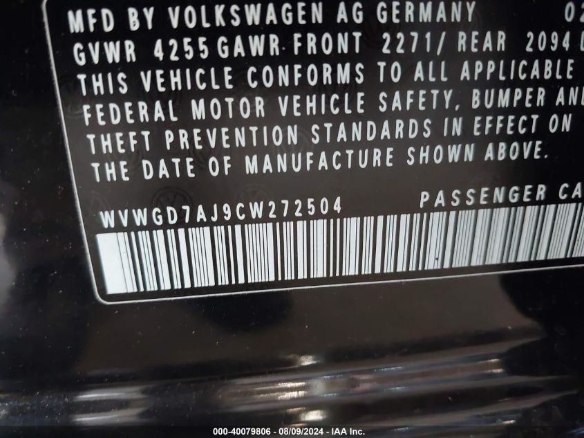 2012 Volkswagen Gti 4-Door VIN: WVWGD7AJ9CW272504 Lot: 40079806