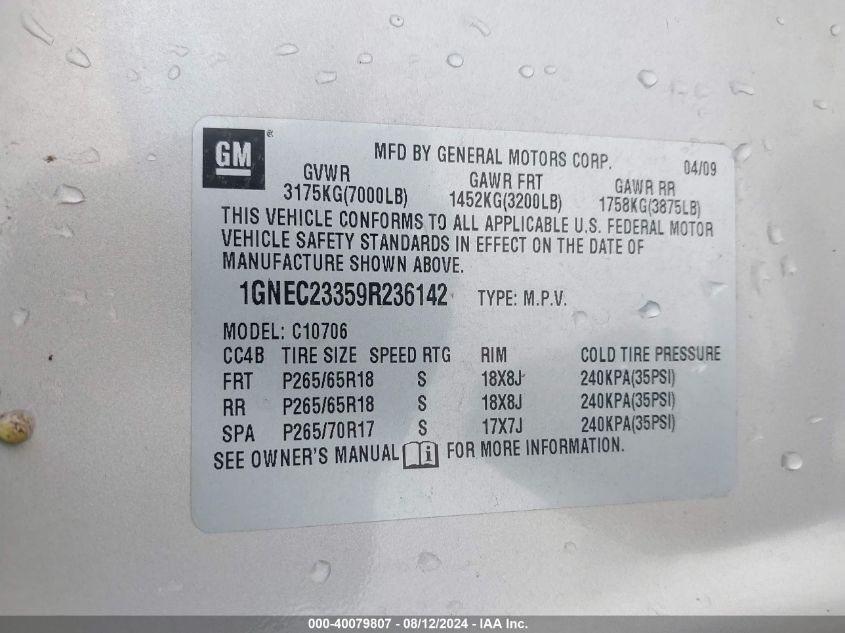 2009 Chevrolet Tahoe Lt1 VIN: 1GNEC23359R236142 Lot: 40079807