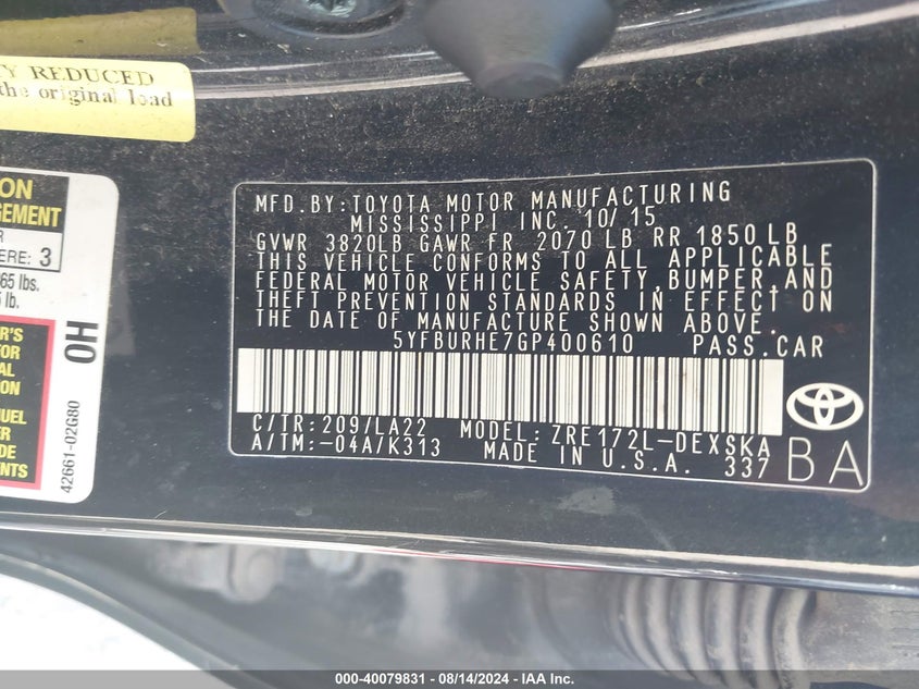 2016 TOYOTA COROLLA VIN: 5YFBURHE7GP400610