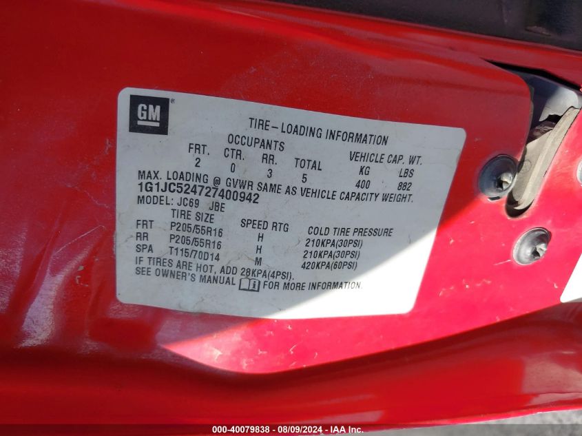 2002 Chevrolet Cavalier VIN: 1G1JC524727400942 Lot: 40079838