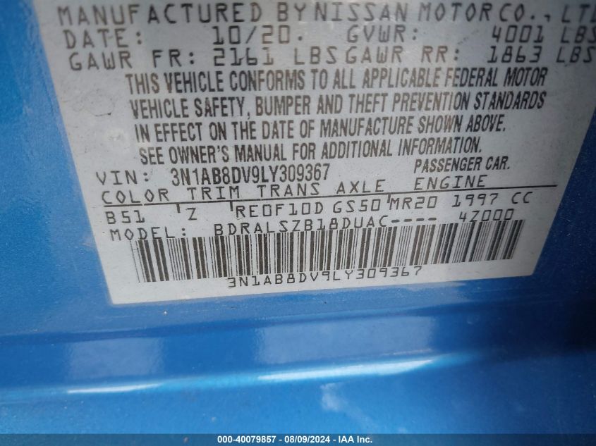 2020 Nissan Sentra Sr Xtronic Cvt VIN: 3N1AB8DV9LY309367 Lot: 40079857