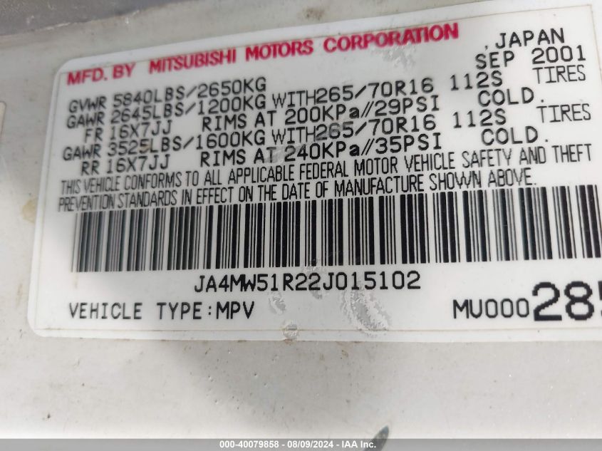 2002 Mitsubishi Montero Limited VIN: JA4MW51R22J015102 Lot: 40079858