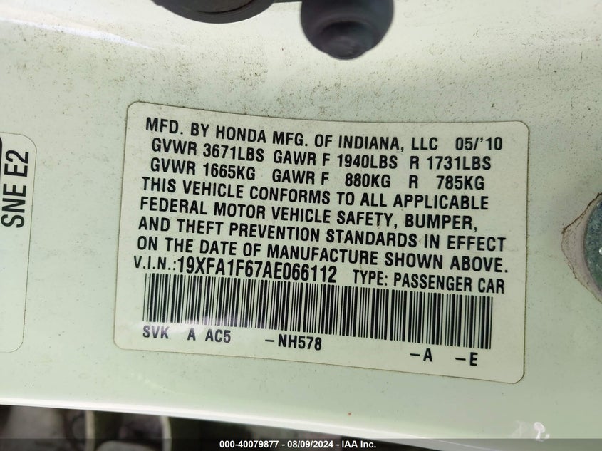 2010 Honda Civic Lx-S VIN: 19XFA1F67AE066112 Lot: 40079877
