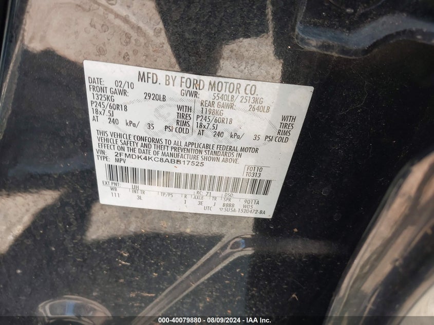 2010 Ford Edge Limited VIN: 2FMDK4KC8ABB17525 Lot: 40079880