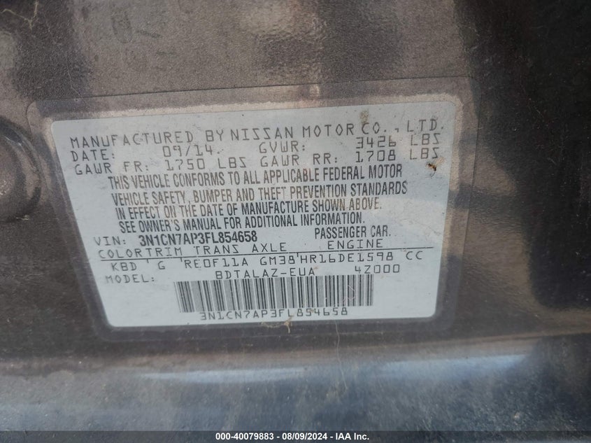 2015 Nissan Versa 1.6 S+ VIN: 3N1CN7AP3FL854658 Lot: 40079883