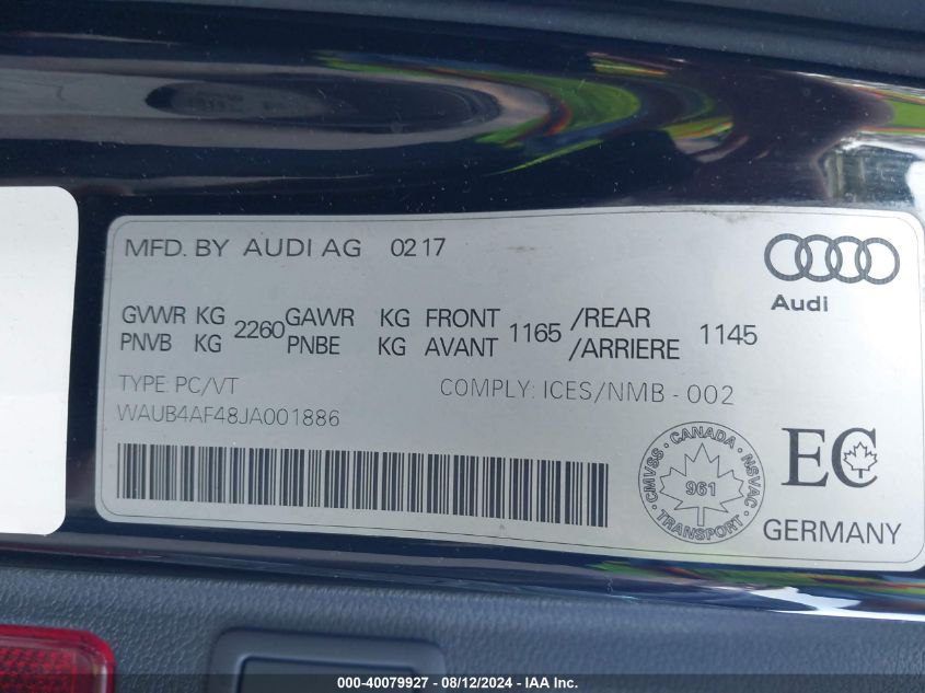 WAUB4AF48JA001886 2018 Audi S4 3.0T Premium Plus