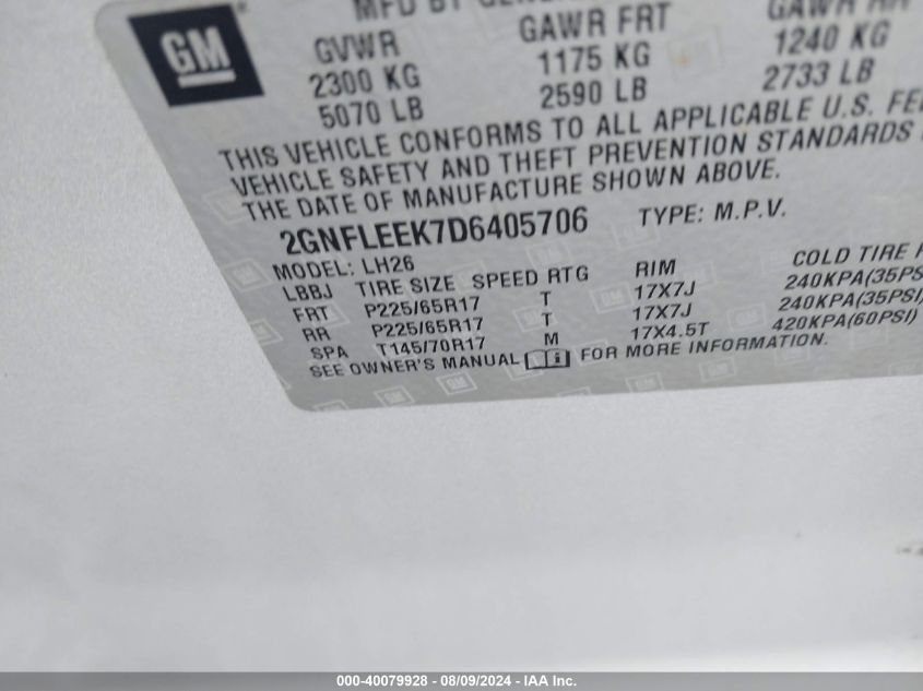 2013 Chevrolet Equinox 1Lt VIN: 2GNFLEEK7D6405706 Lot: 40079928