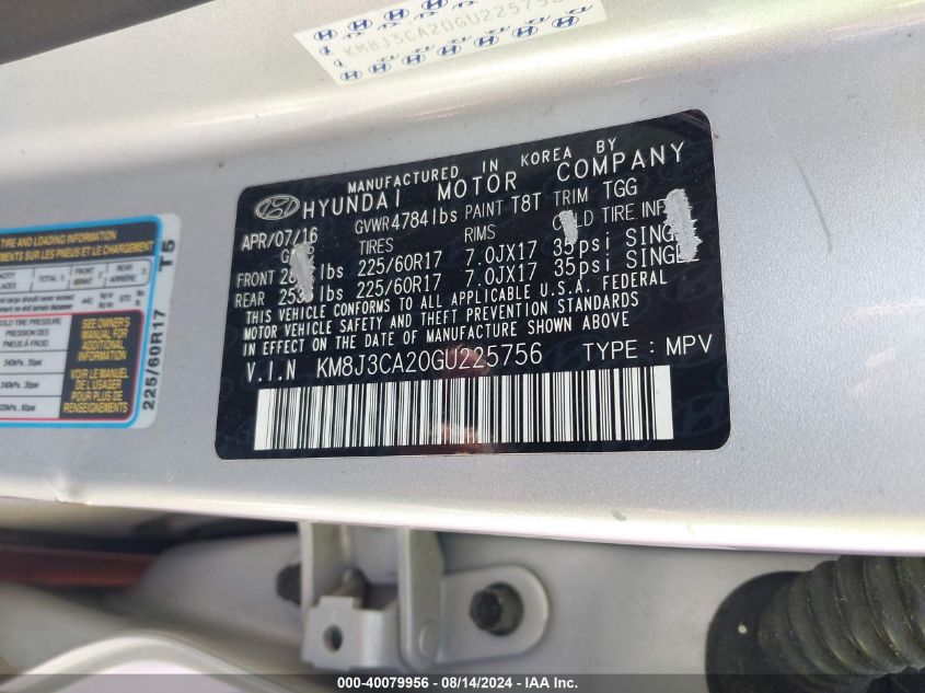 2016 Hyundai Tucson Eco VIN: KM8J3CA20GU225756 Lot: 40079956