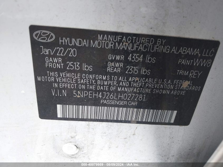 2020 Hyundai Sonata Limited VIN: 5NPEH4J26LH027281 Lot: 40079959