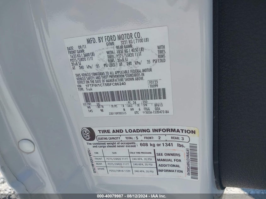 2011 Ford F-150 Platinum VIN: 1FTFW1CT5BFC86240 Lot: 40079987