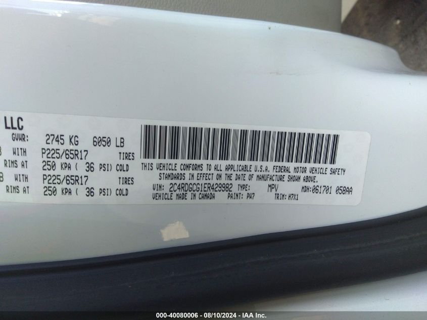 2014 Dodge Grand Caravan Sxt VIN: 2C4RDGCG1ER429982 Lot: 40080006