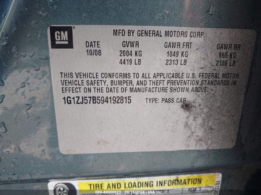 2009 Chevrolet Malibu Lt VIN: 1G1ZJ57B594192815 Lot: 40080023