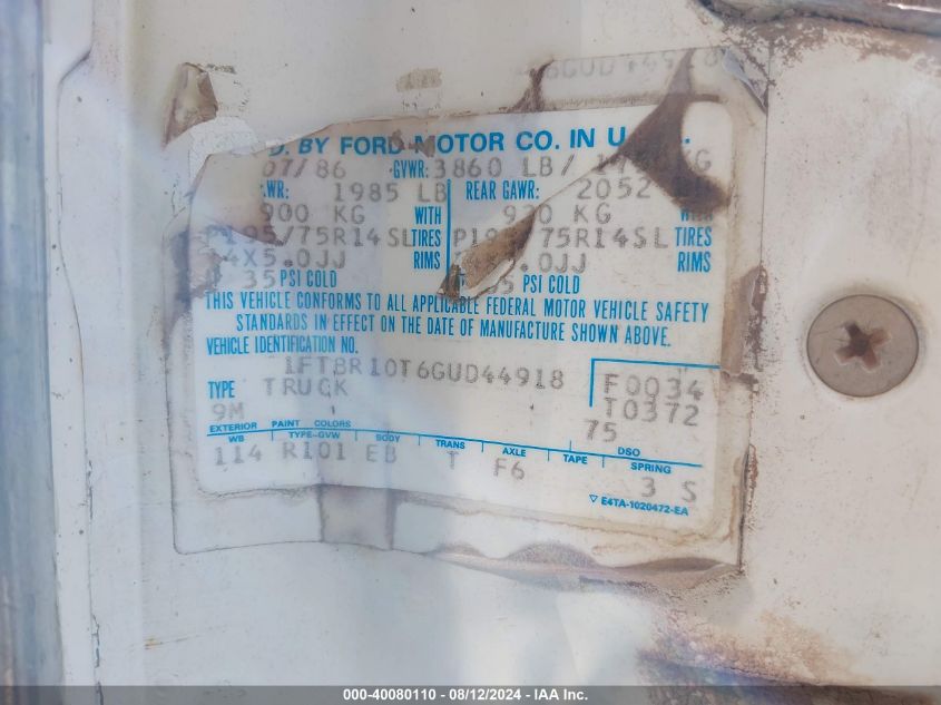 1986 Ford Ranger VIN: 1FTR10T6GUD44918 Lot: 40080110