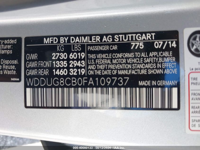 2015 Mercedes-Benz S 550 VIN: WDDUG8CB0FA109737 Lot: 40080133