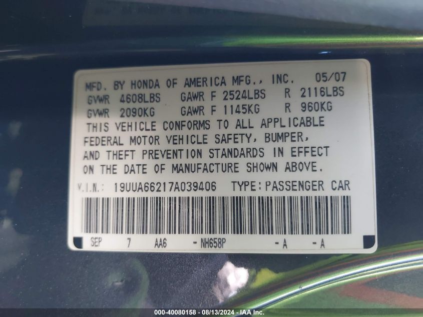 2007 Acura Tl 3.2 VIN: 19UUA66217A039406 Lot: 40080158