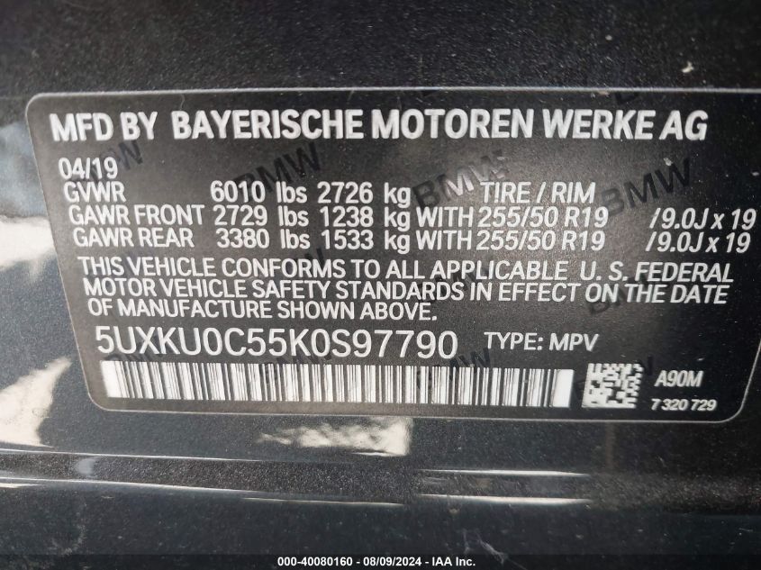 5UXKU0C55K0S97790 2019 BMW X6 Sdrive35I