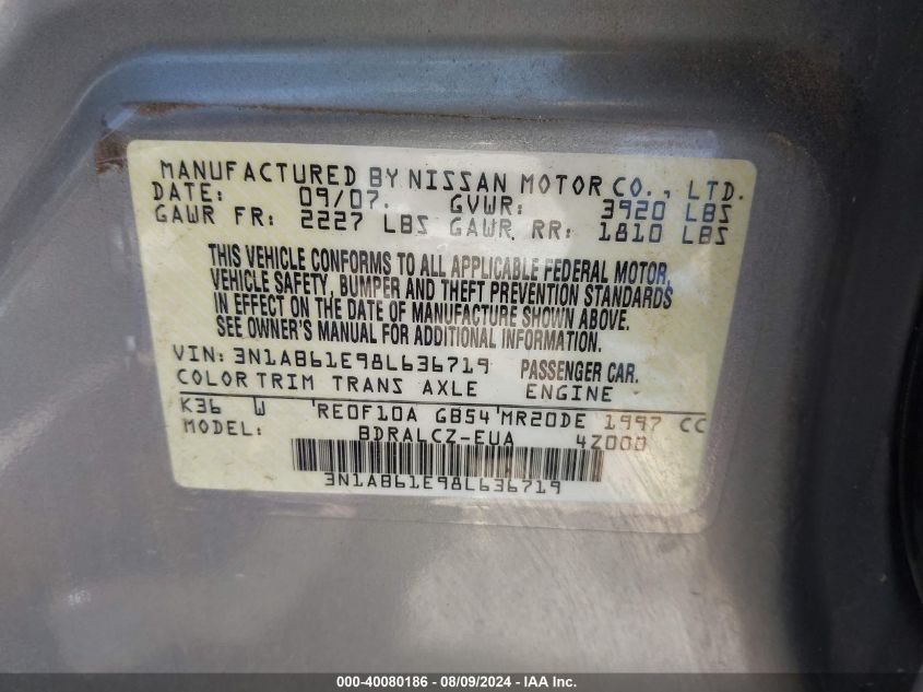 2008 Nissan Sentra 2.0 VIN: 3N1AB61E98L636719 Lot: 40080186