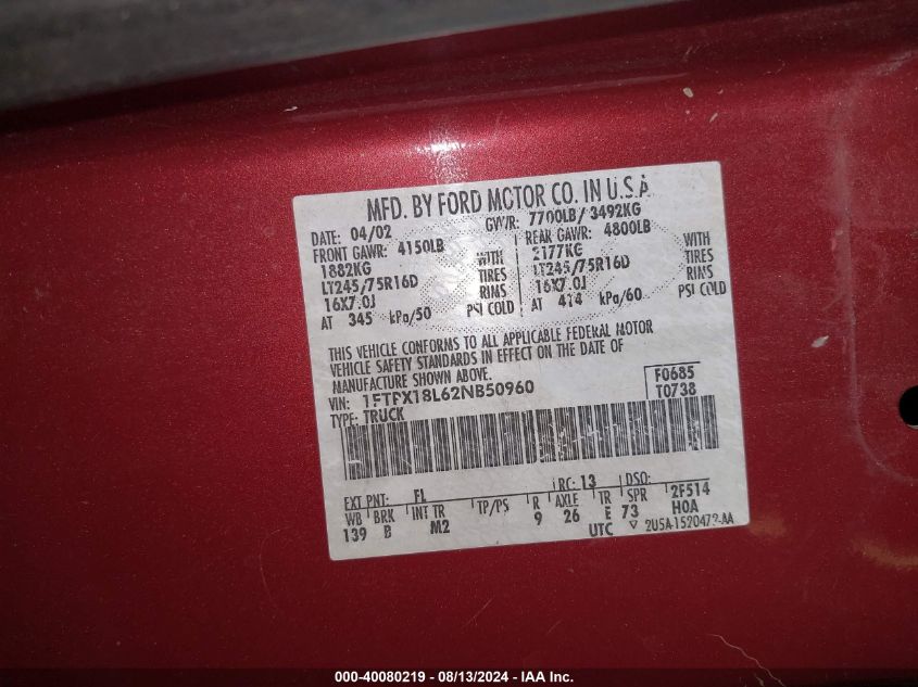 2002 Ford F-150 Lariat/Xl/Xlt VIN: 1FTPX18L62NB50960 Lot: 40080219