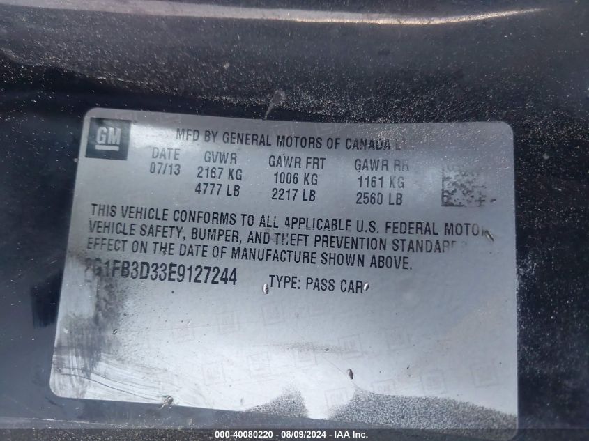 2014 Chevrolet Camaro Lt VIN: 2G1FB3D33E9127244 Lot: 40080220