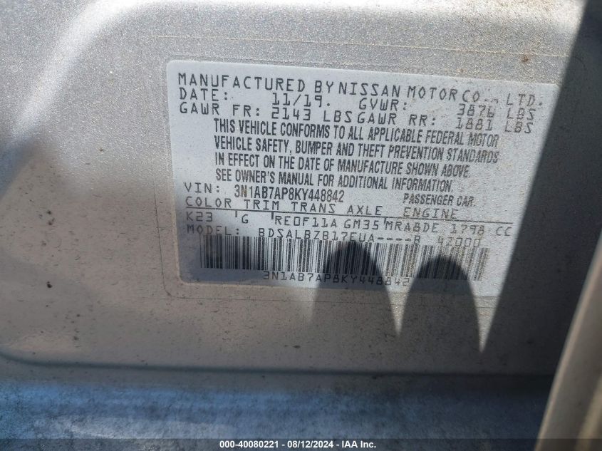 3N1AB7AP8KY448842 2019 Nissan Sentra S