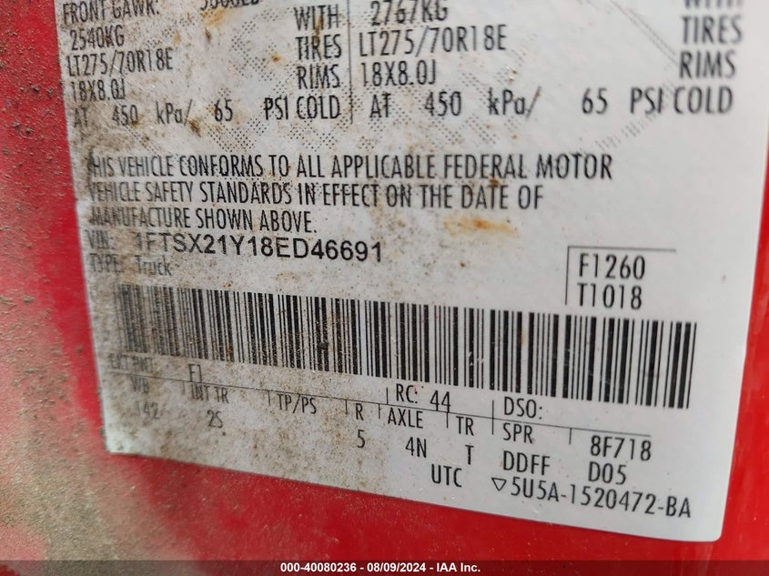 2008 Ford F-250 Fx4/Lariat/Xl/Xlt VIN: 1FTSX21Y18ED46691 Lot: 40080236