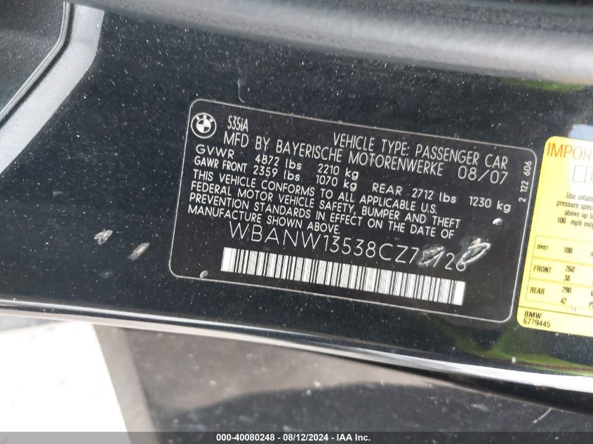 2008 BMW 535I VIN: WBANW13538CZ74726 Lot: 40080248