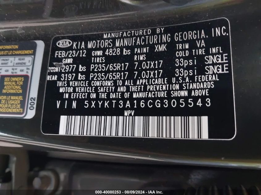 2012 Kia Sorento Lx VIN: 5XYKT3A16CG305543 Lot: 40080253