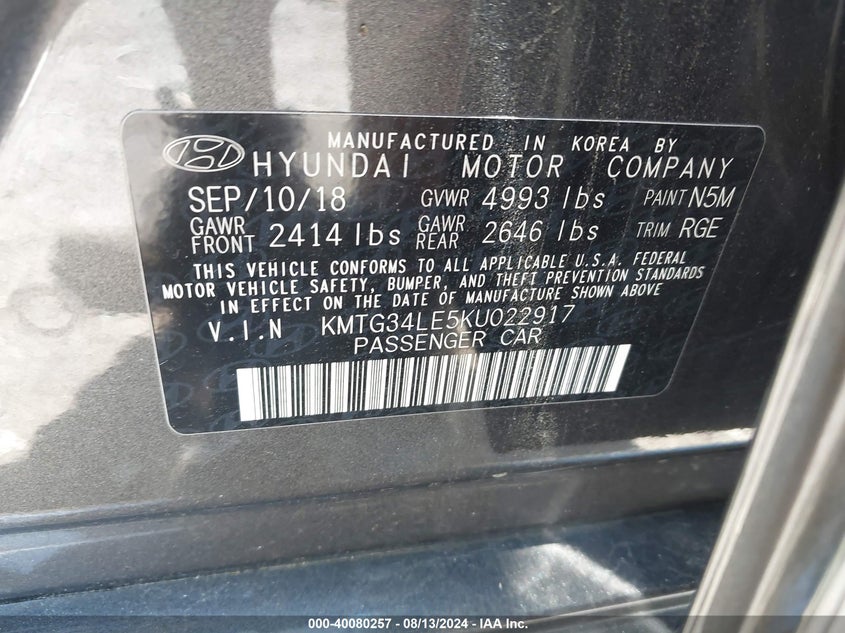VIN KMTG34LE5KU022917 2019 GENESIS G70 3.3T ADVANCED