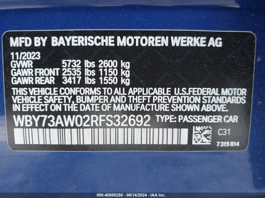 2024 BMW I4 Edrive40 VIN: WBY73AW02RFS32692 Lot: 40080258