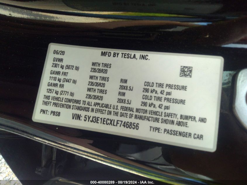 2020 Tesla Model 3 Performance Dual Motor All-Wheel Drive VIN: 5YJ3E1ECXLF746856 Lot: 40080289