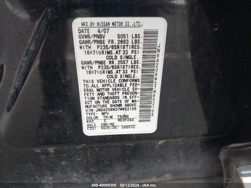 JN8AZ08W37W652156 2007 Nissan Murano Sl