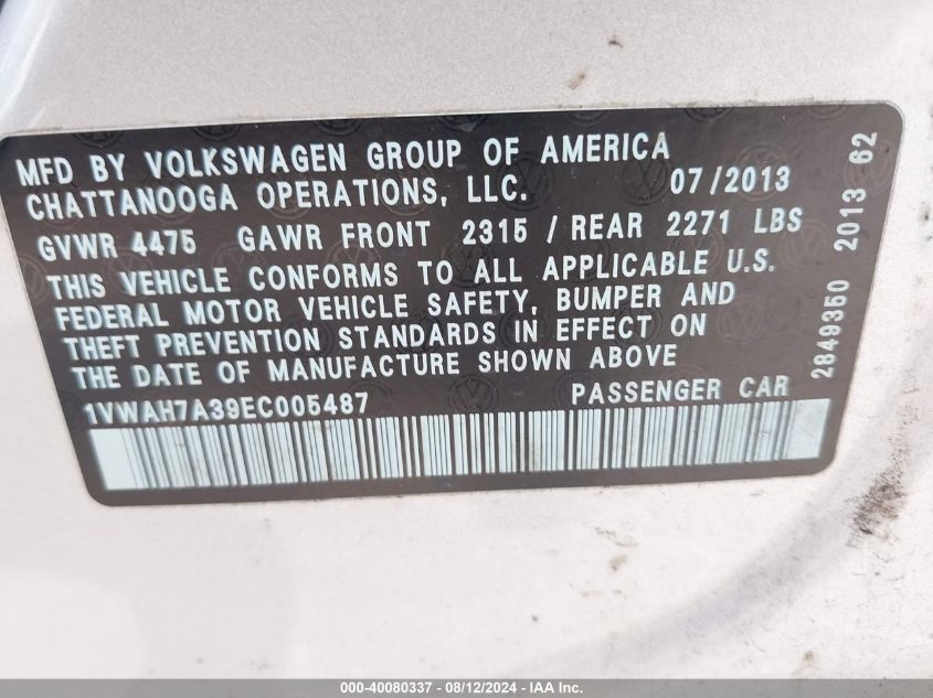 1VWAH7A39EC005487 2014 Volkswagen Passat 2.5L Wolfsburg Edition