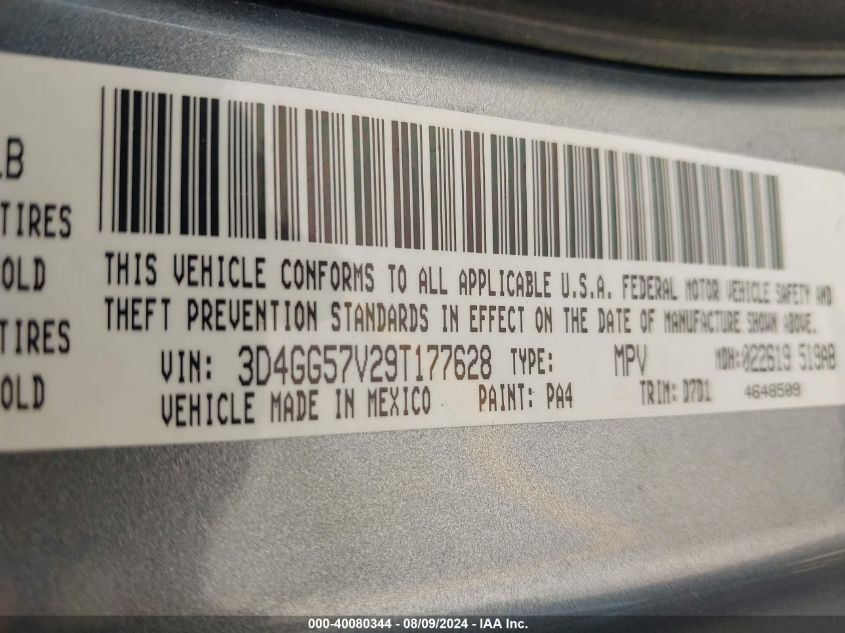 2009 Dodge Journey Sxt VIN: 3D4GG57V29T177628 Lot: 40080344