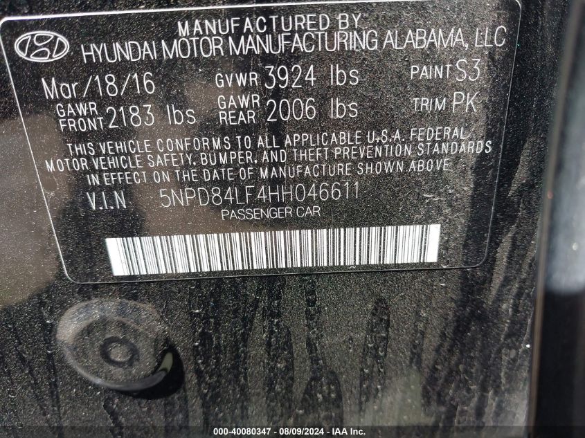 2017 Hyundai Elantra Se/Value/Limited VIN: 5NPD84LF4HH046611 Lot: 40080347