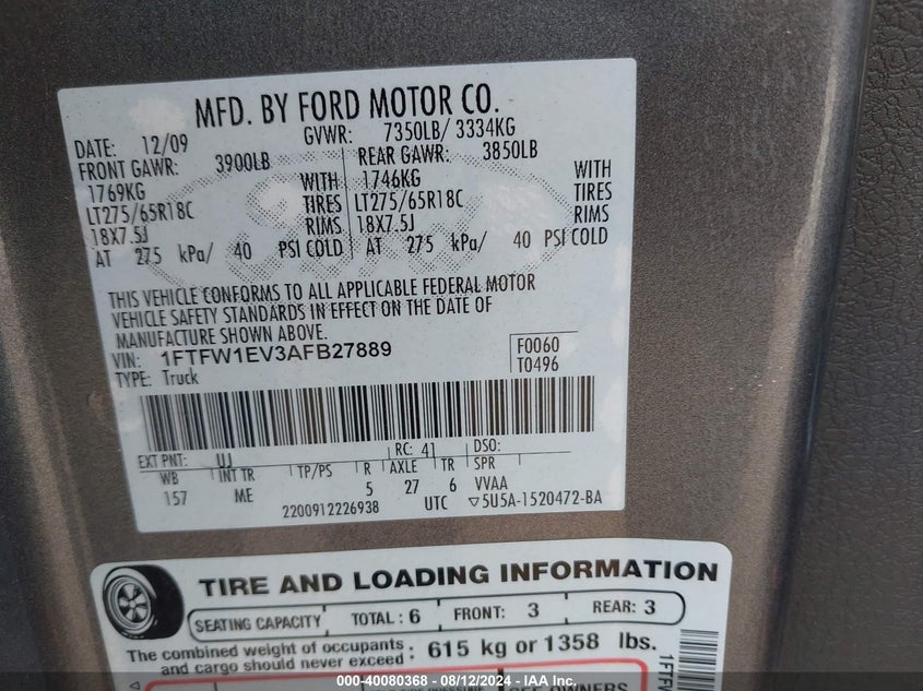 2010 Ford F-150 Fx4/Harley-Davidson/King Ranch/Lariat/Platinum/Xl/Xlt VIN: 1FTFW1EV3AFB27889 Lot: 40080368