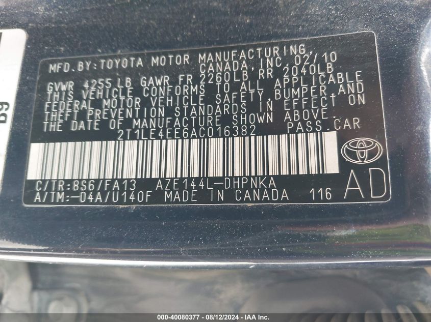 2010 Toyota Matrix S VIN: 2T1LE4EE6AC016382 Lot: 40080377