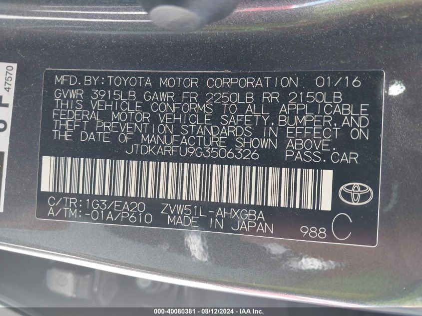 2016 Toyota Prius Four VIN: JTDKARFU9G3506326 Lot: 40080381