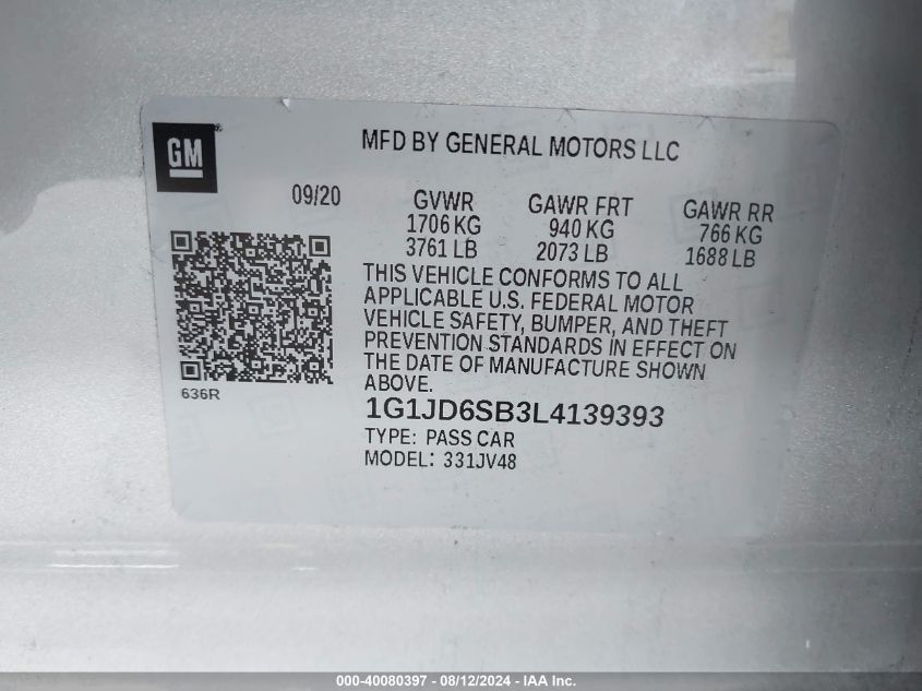 1G1JD6SB3L4139393 2020 Chevrolet Sonic Fwd Lt 5-Door