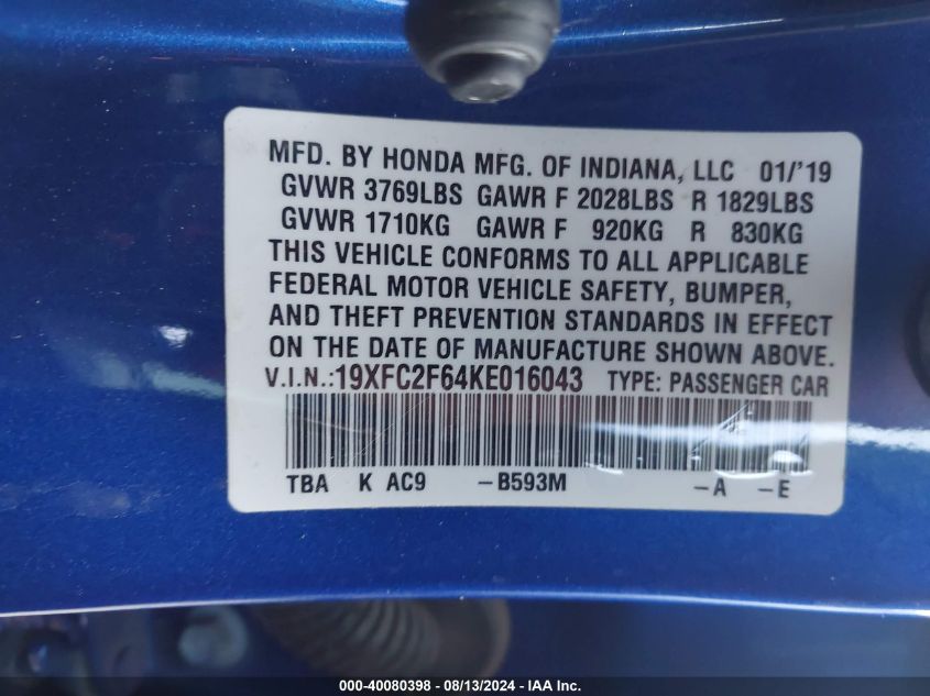 2019 Honda Civic Lx VIN: 19XFC2F64KE016043 Lot: 40080398