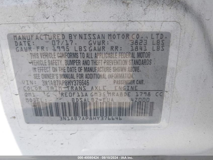 VIN 3N1AB7AP8HY376646 2017 NISSAN SENTRA S