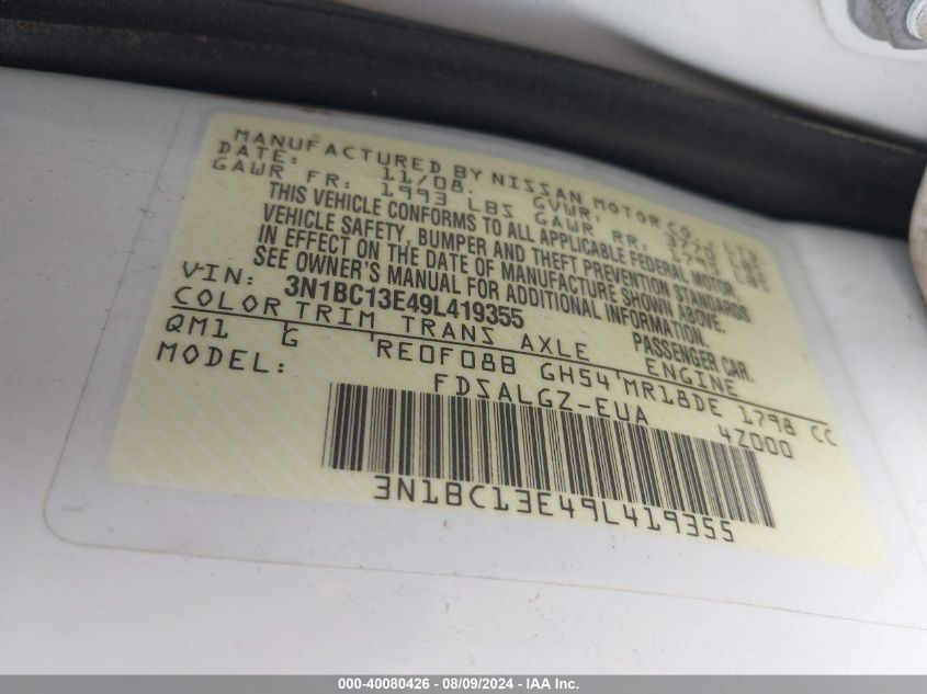 2009 Nissan Versa S/Sl VIN: 3N1BC13E49L419355 Lot: 40080426