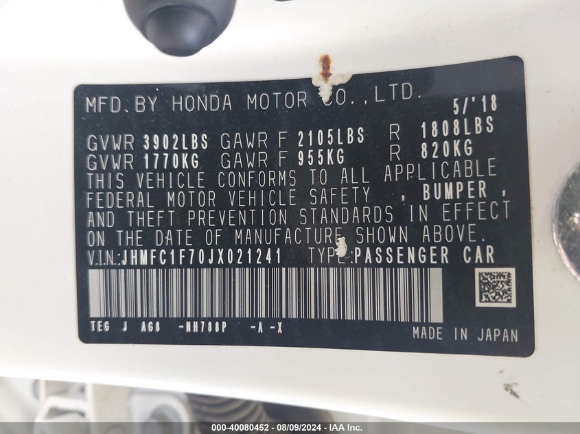 2018 HONDA CIVIC EX-L - JHMFC1F70JX021241