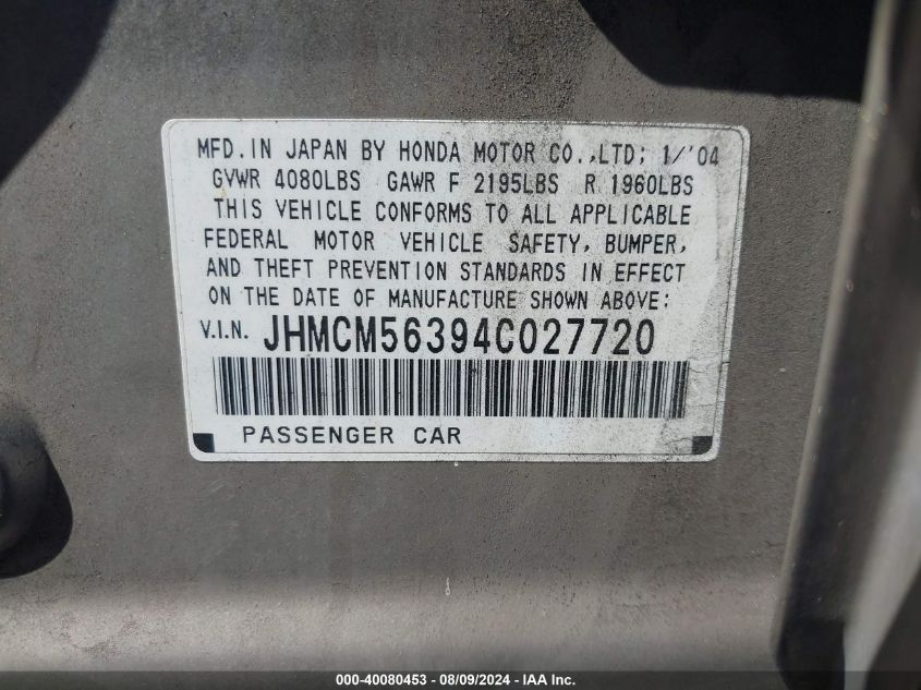 2004 Honda Accord 2.4 Lx VIN: JHMCM56394C027720 Lot: 40080453