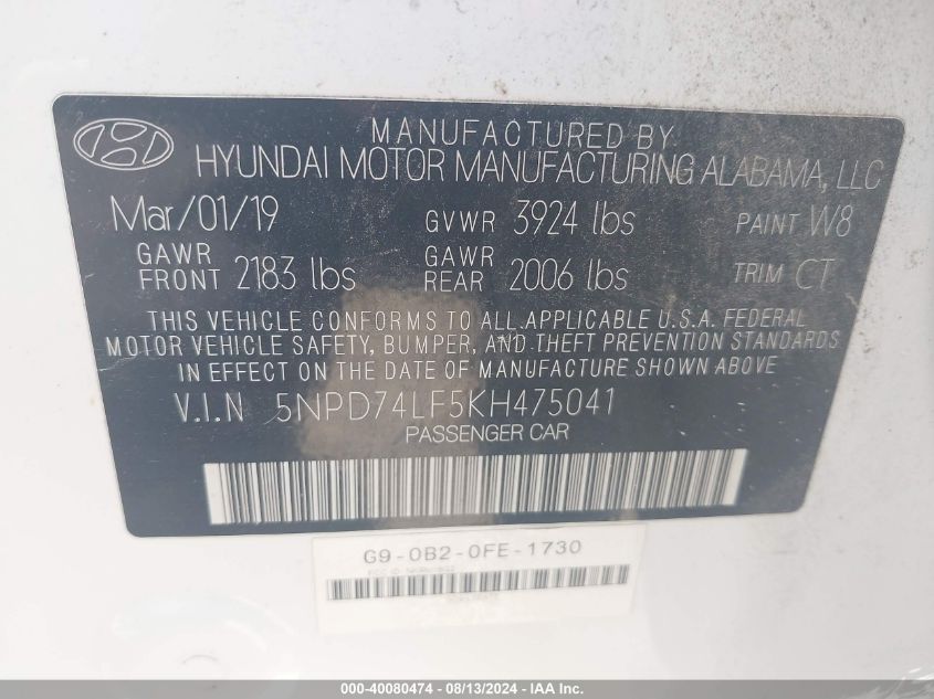 2019 Hyundai Elantra Se VIN: 5NPD74LF5KH475041 Lot: 40080474