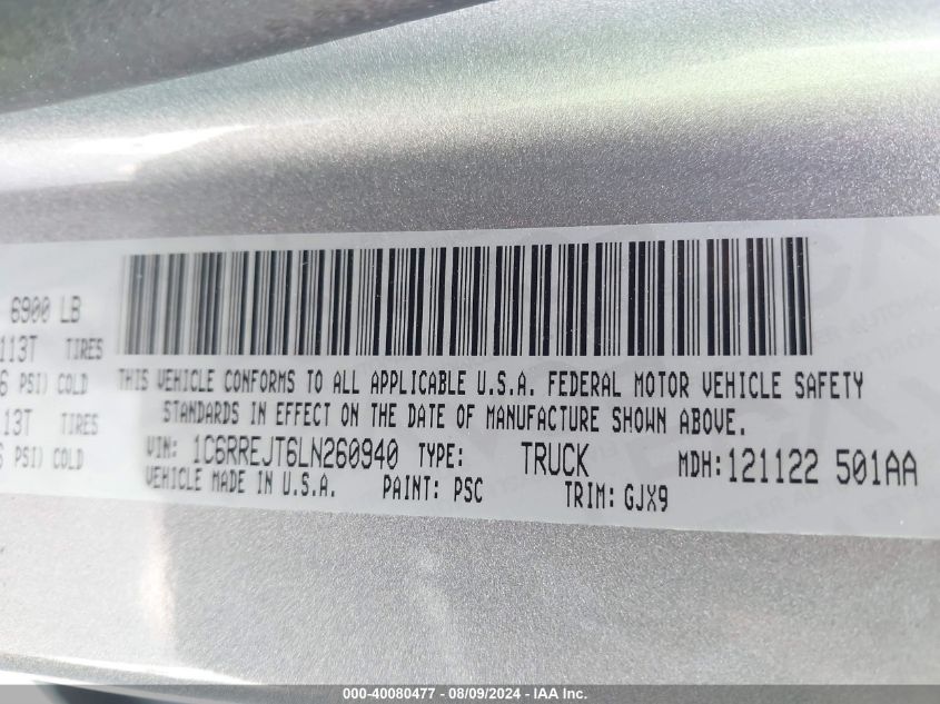 2020 Ram 1500 Laramie 4X2 5'7 Box VIN: 1C6RREJT6LN260940 Lot: 40080477