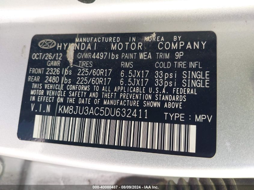 2013 Hyundai Tucson Gls VIN: KM8JU3AC5DU632411 Lot: 40080487